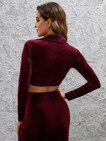 Button Up Ruched Crop Velvet Blouse
