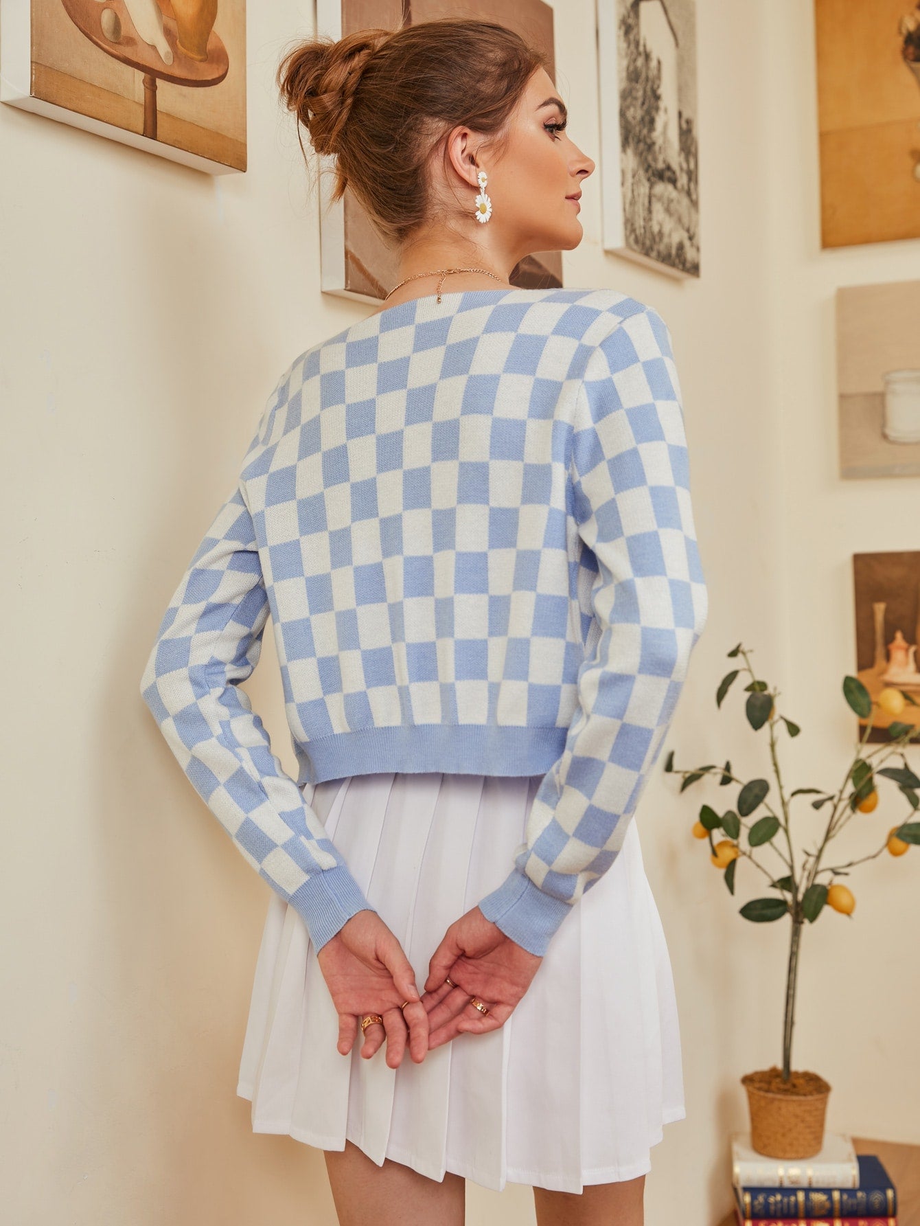 Checker Pattern Button Up V Neck Crop Cardigan