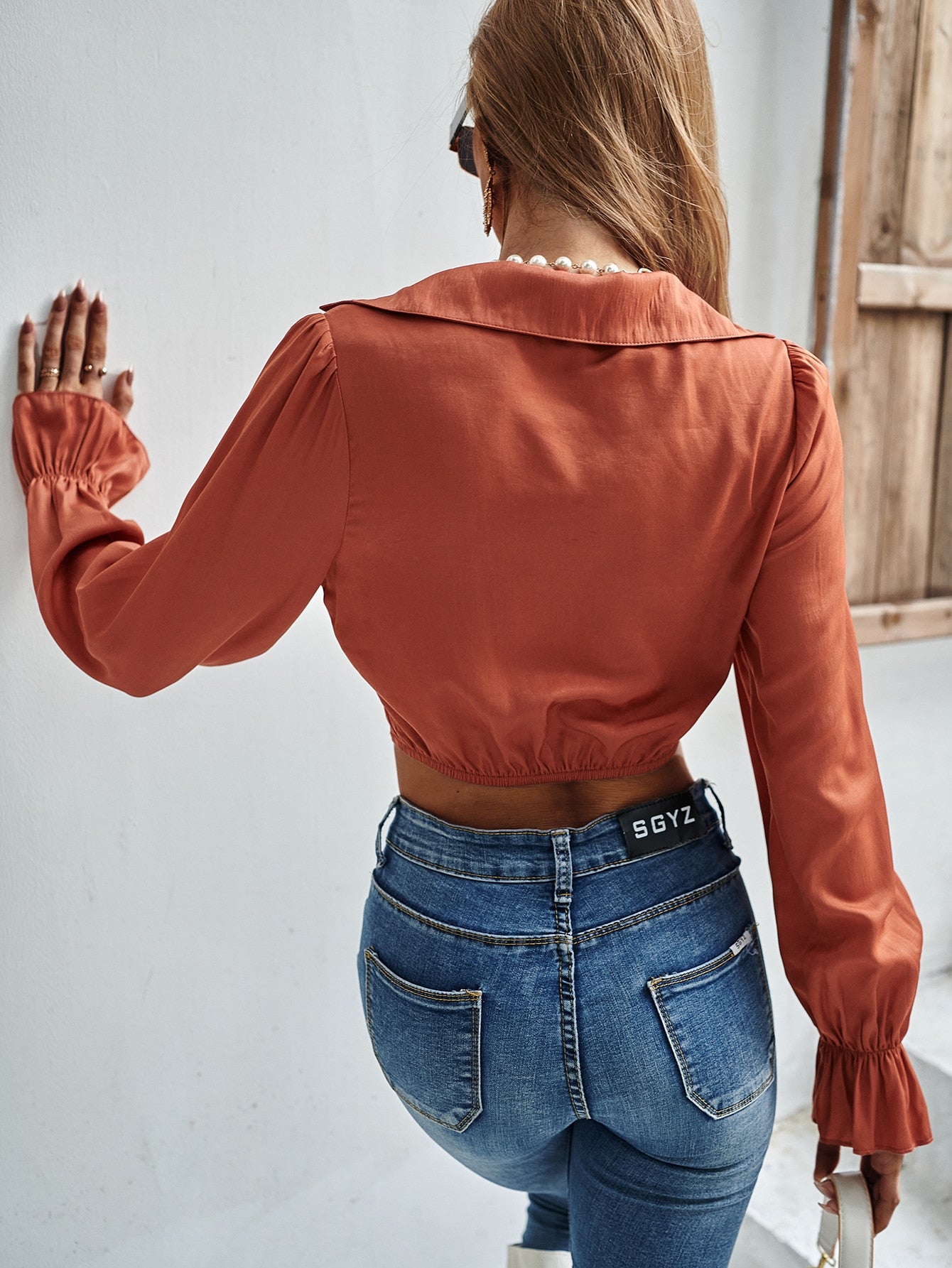 Plunging Neck Twist Front Flounce Sleeve Crop Blouse