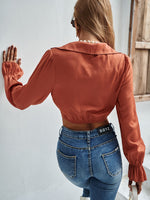 Plunging Neck Twist Front Flounce Sleeve Crop Blouse