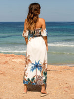 Tropical Print Off Shoulder Shirred Bodice Romper With Dress