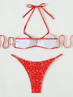 Ditsy Floral Print Cut-out Halter Thong Bikini Swimsuit