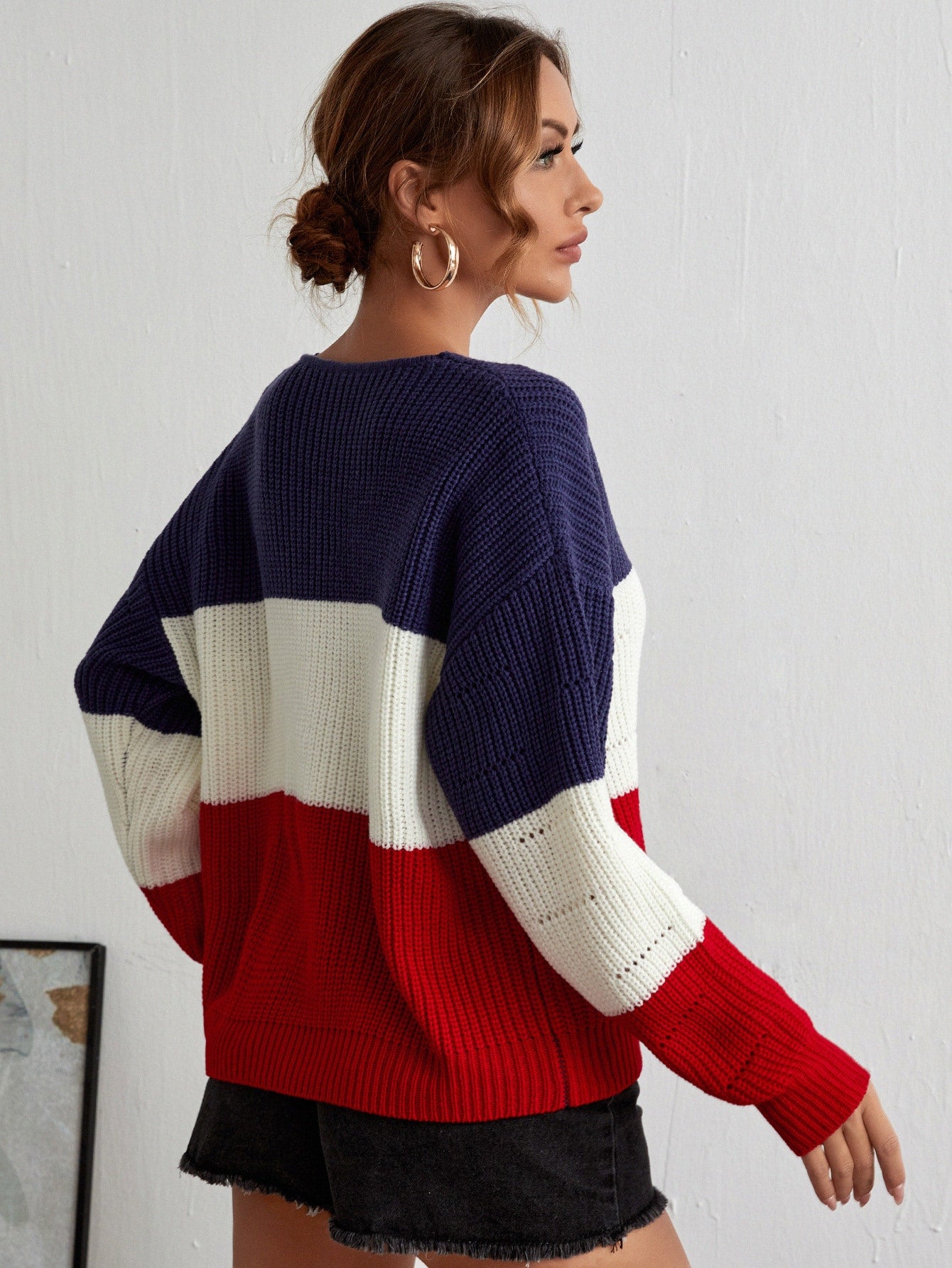 V-neck Drop Shoulder Colorblock Sweater