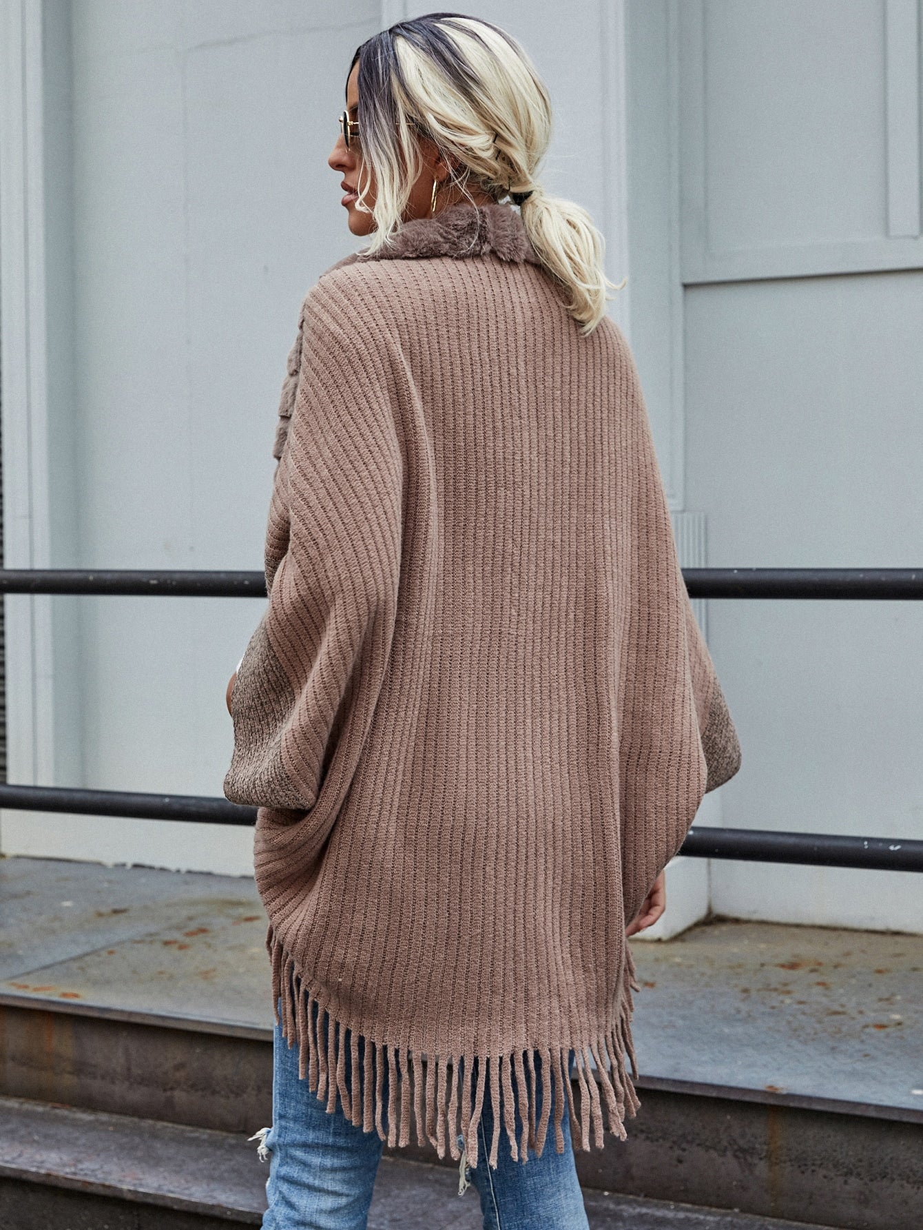 Fuzzy Fringe Trim Dolman Sleeve Cardigan