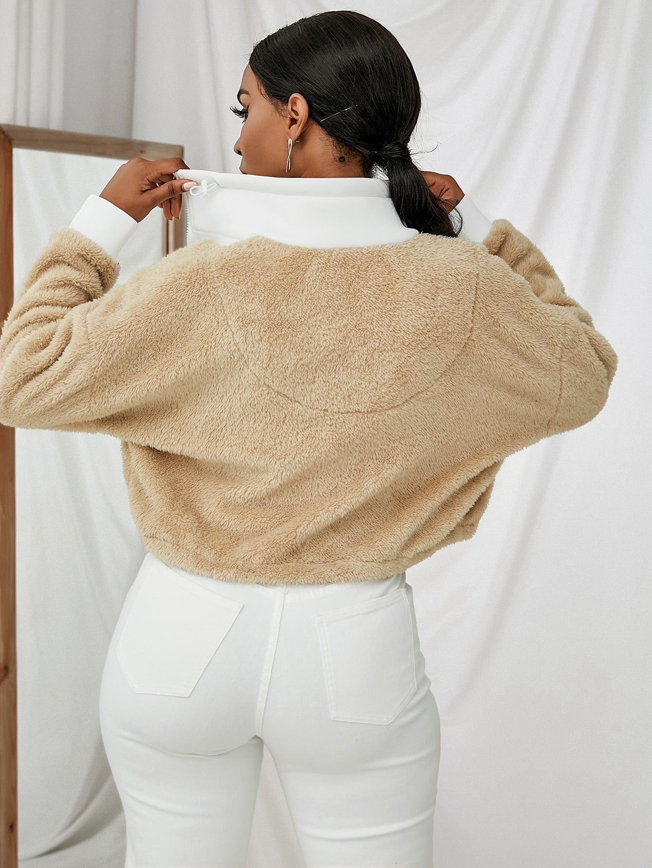 Two Tone Zip Up Drawstring Fleece Jacket
