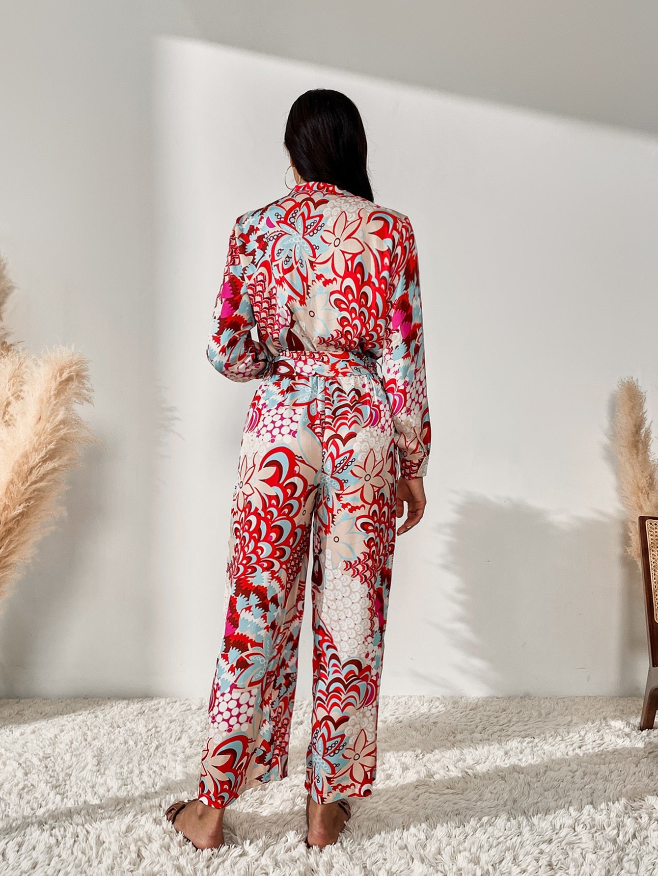 Floral Print Belted Wide Leg Jumpsuit