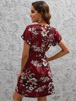 Floral Print Batwing Sleeve Belted Dress