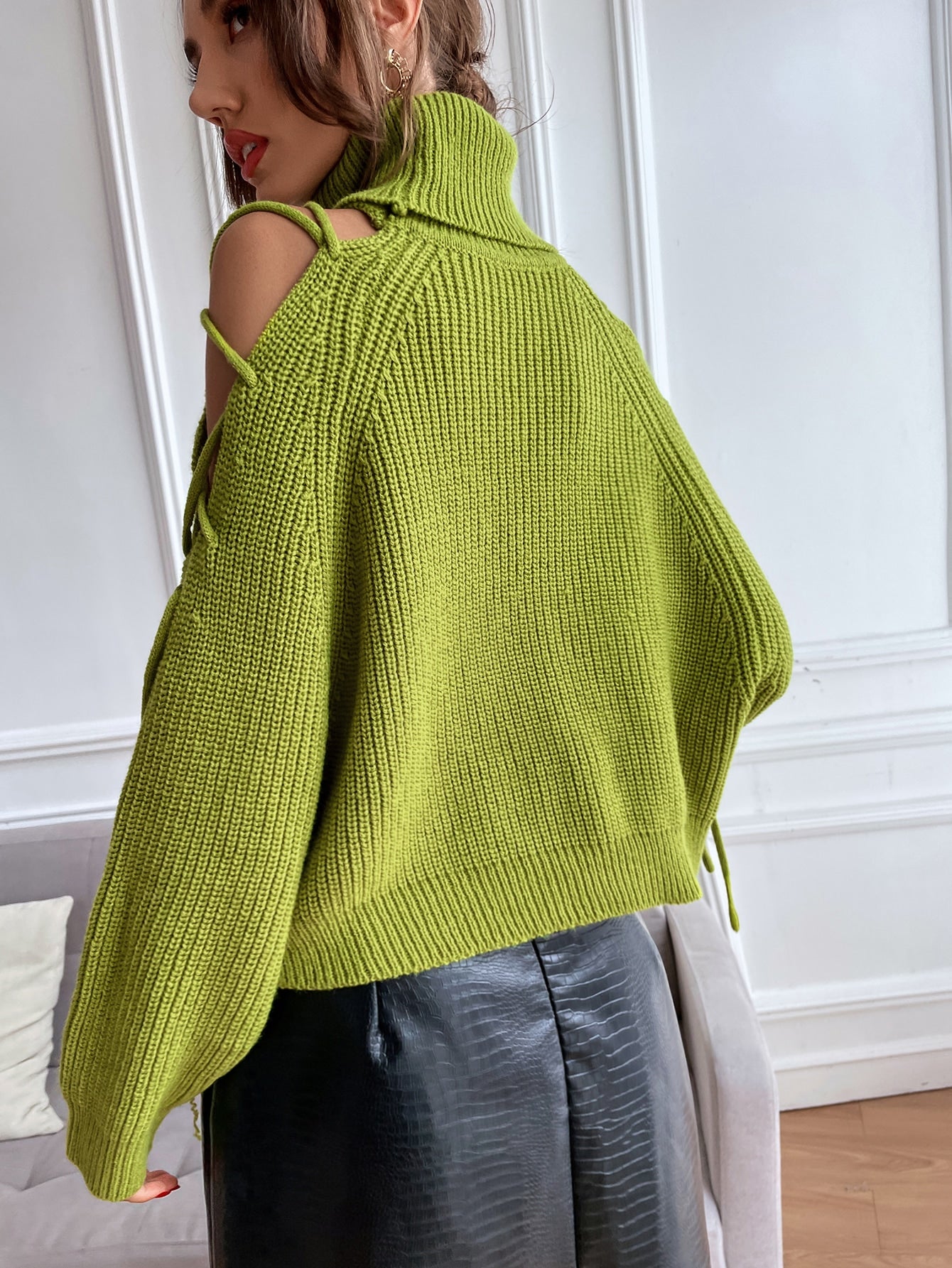 Turtleneck Cold Shoulder Lace Up Side Sweater