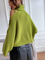 Turtleneck Cold Shoulder Lace Up Side Sweater