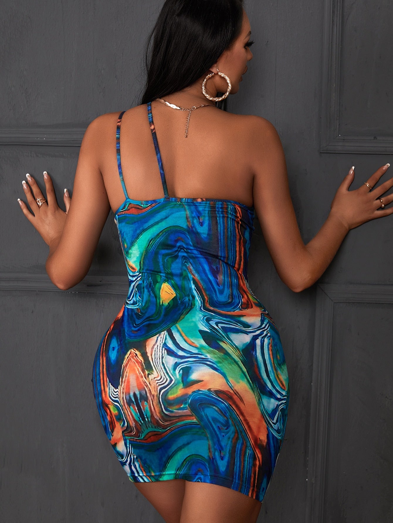 Graphic Print One Shoulder Bodycon Dress