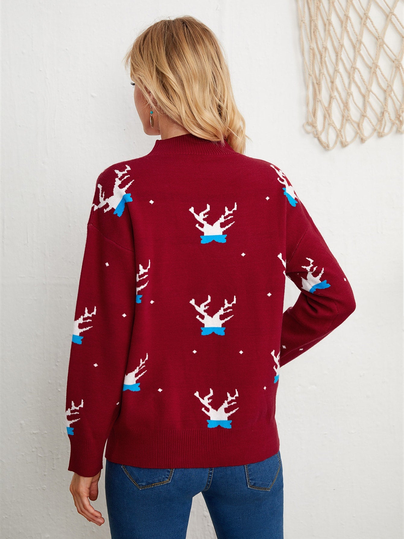 Christmas Elk Pattern Drop Shoulder Sweater