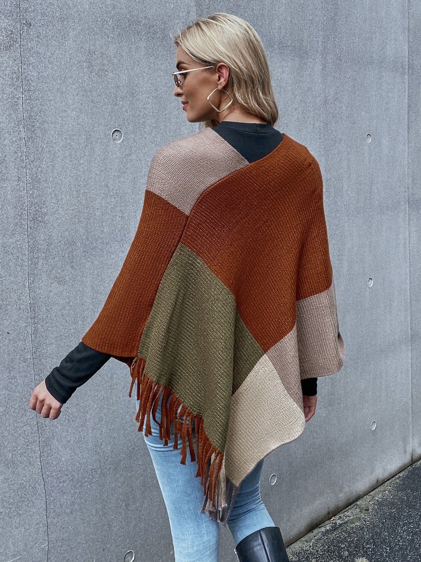 Color Block Fringe Trim Poncho Sweater
