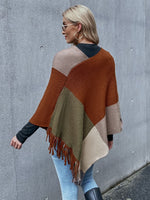 Color Block Fringe Trim Poncho Sweater