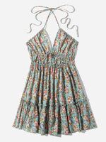 Ditsy Floral Print Ruffle Hem Halter Dress
