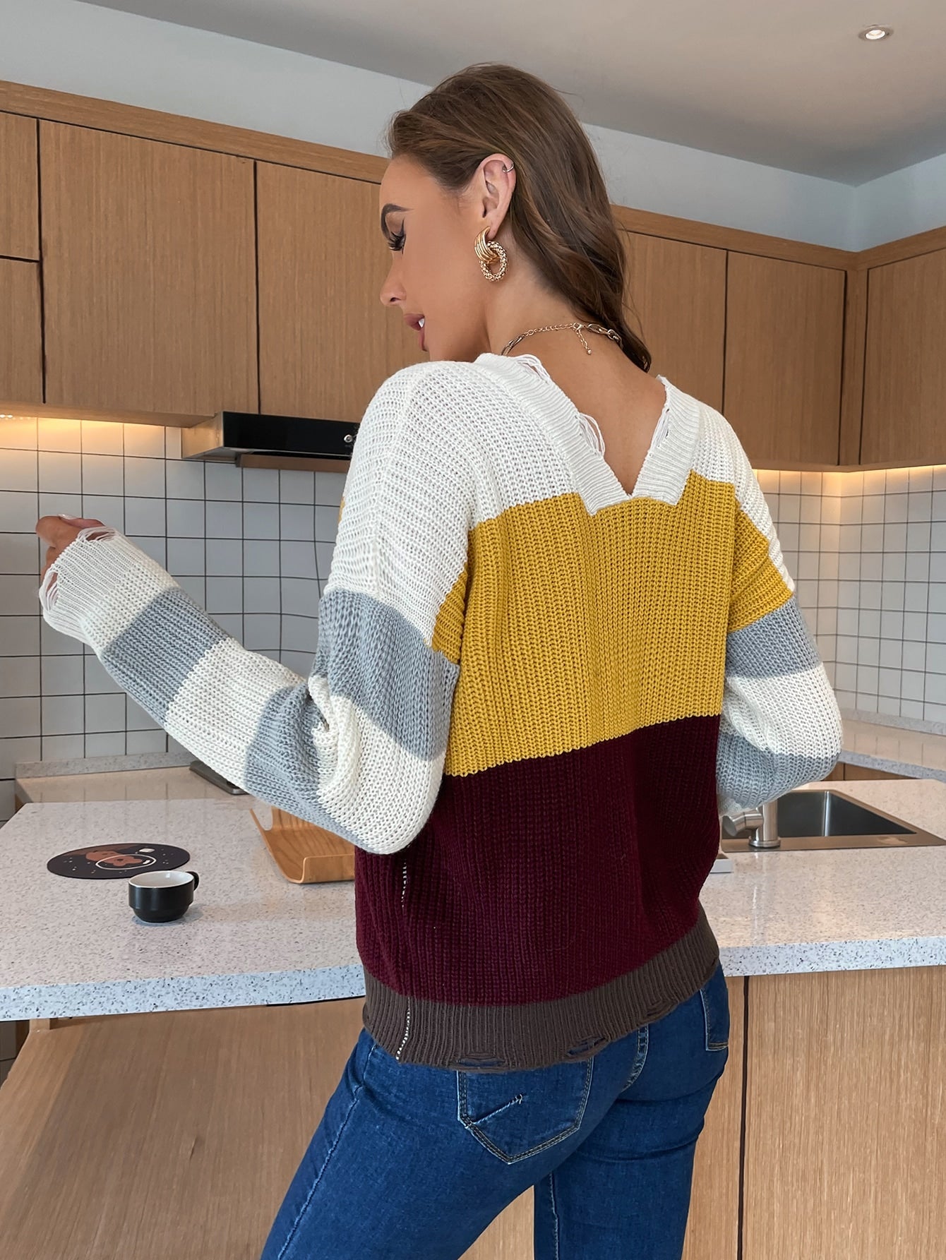 Striped Ripped Drop Shoulder Rib-knit Sweater