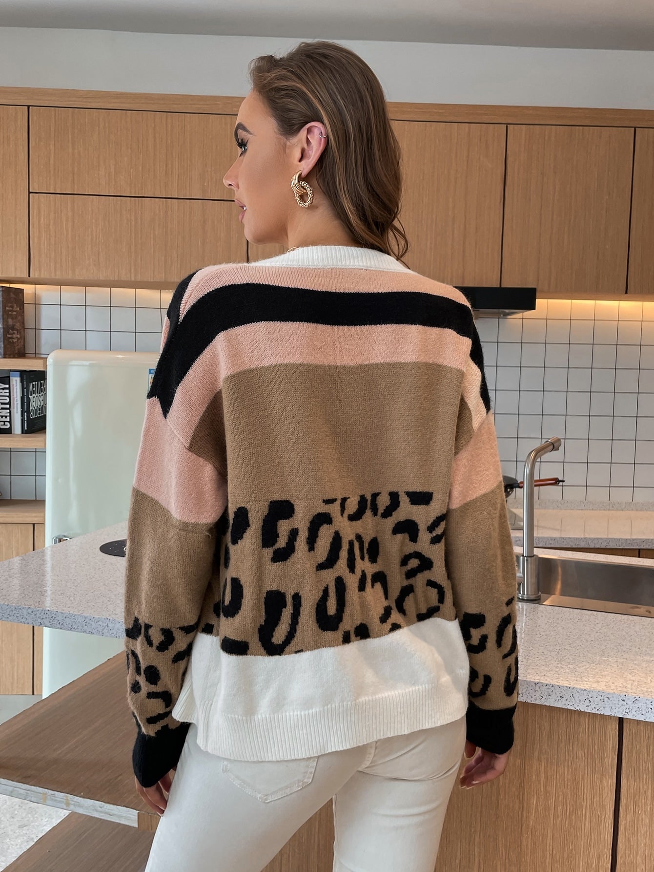 Leopard Pattern Contrast Binding Single Breasted Cardigan