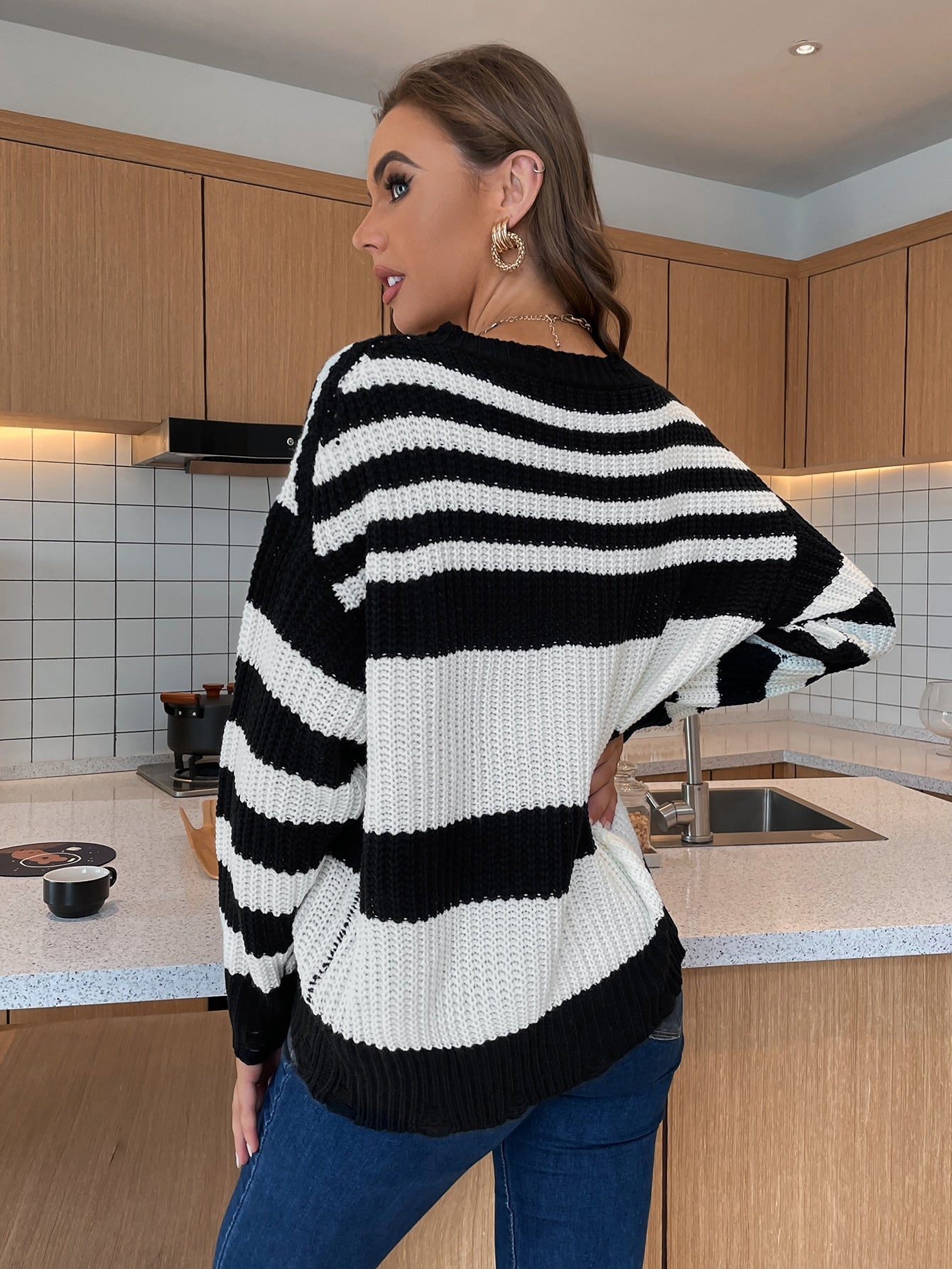 V Neck Striped Colorblock Drop Shoulder Sweater