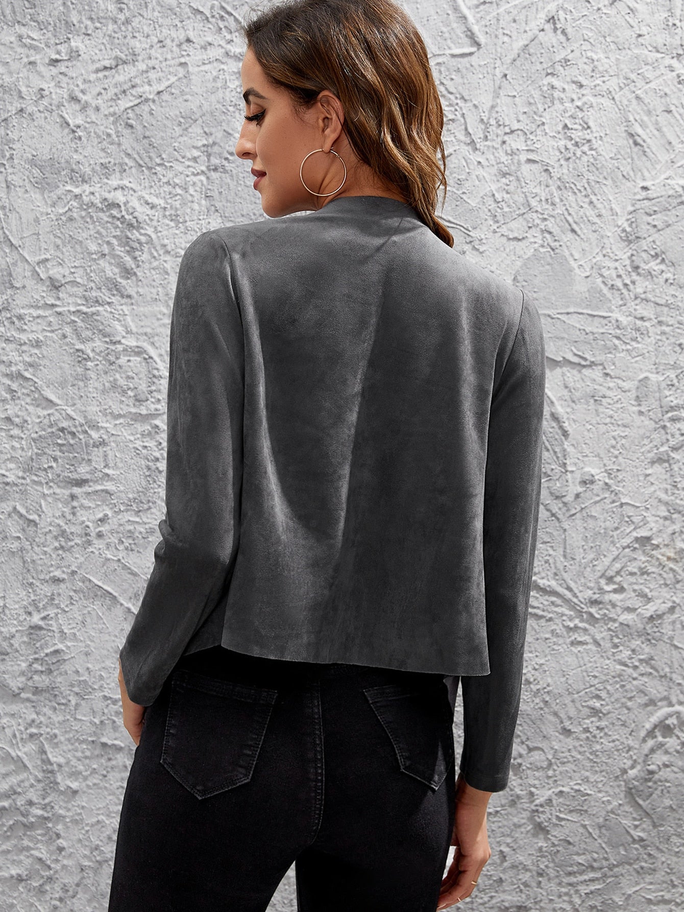 Waterfall Collar Asymmetrical Hem Open Front Suede Jacket