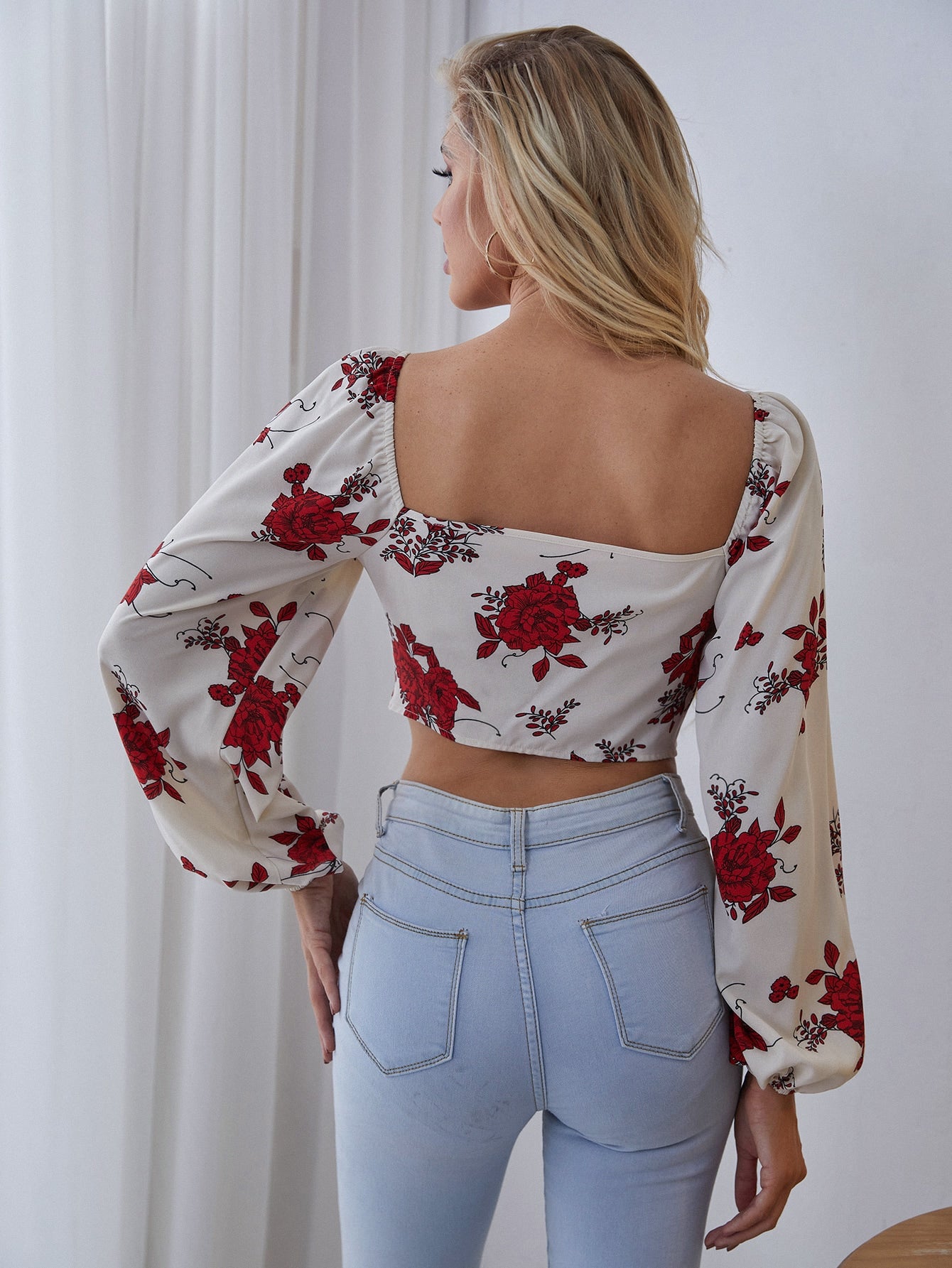 Floral Print Sweetheart Neck Bishop Sleeve Crop Blouse