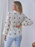 Polka Dot Print Tie Neck Fuzzy Blouse