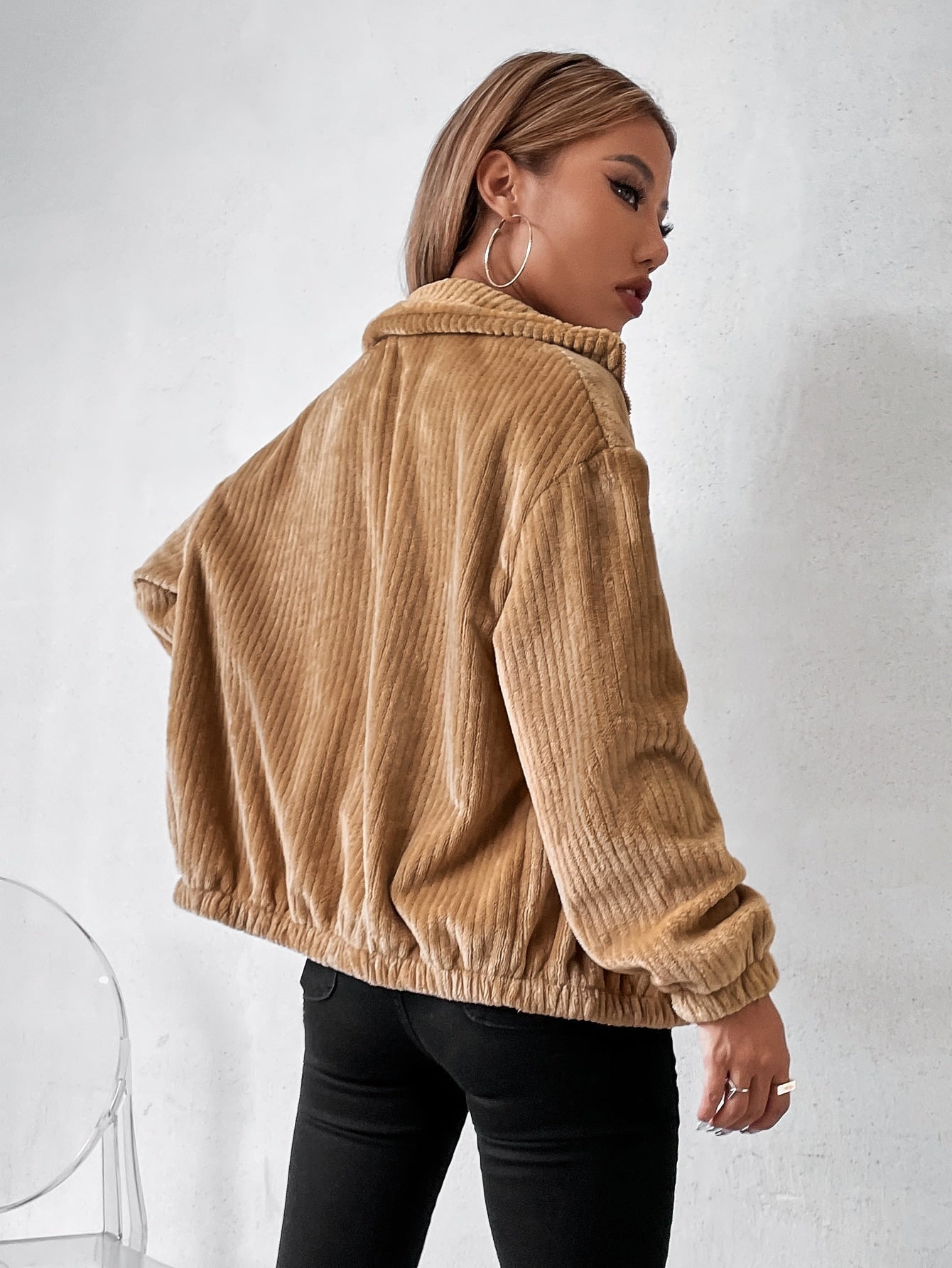 Drop Shoulder Zip Up Corduroy Jacket