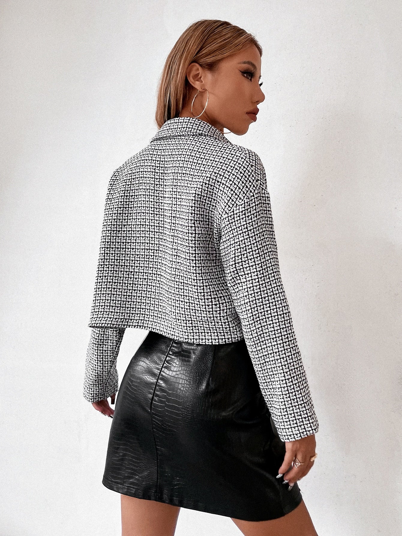 Flap Detail Drop Shoulder Plaid Tweed Coat
