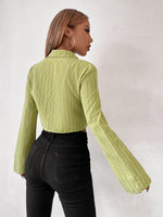 Plaid Trumpet Sleeve Crop Blouse