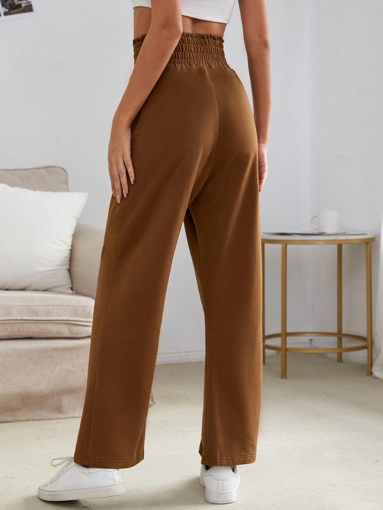 Grommet Lace Up Shirred Waist Wide Leg Pants