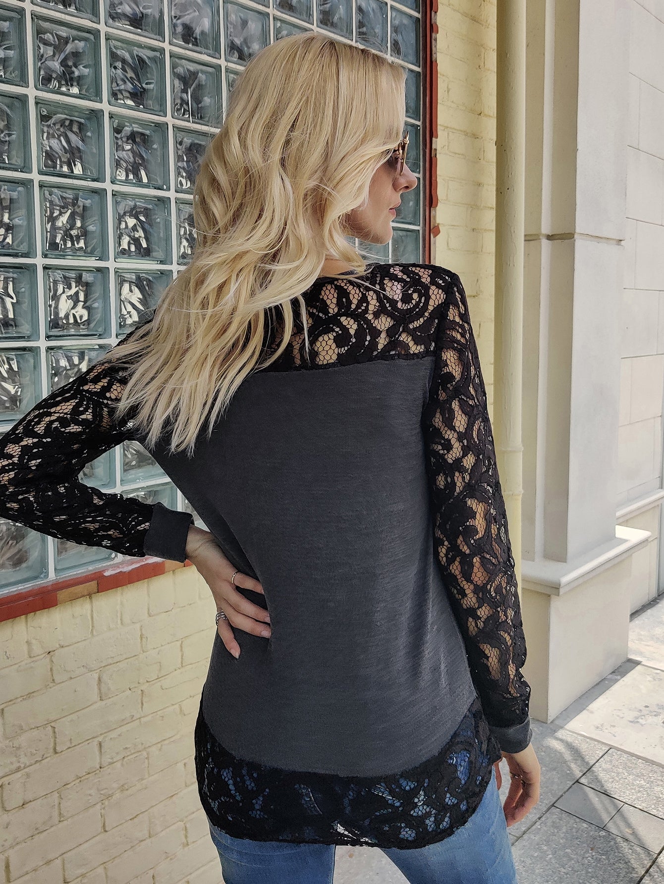 Guipure Lace Yoke Round Neck Top