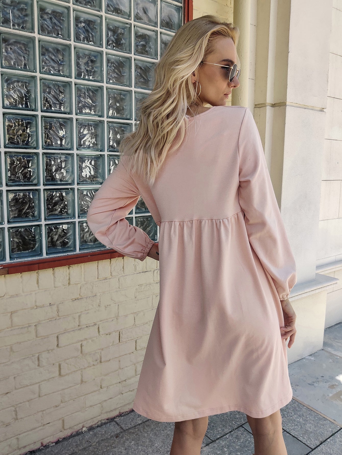 V Neck Lantern Sleeve Smock Dress