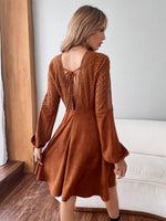 Contrast Lace Tie Back Lantern Sleeve Suede Dress