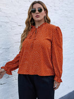 Plus Allover Print Tie Neck Flounce Sleeve Blouse