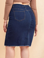 Plus High Waist Raw Slit Hem Denim Skirt