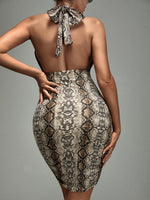 Snakeskin Print Cut Out Cross Wrap Backless Halter Bodycon Dress