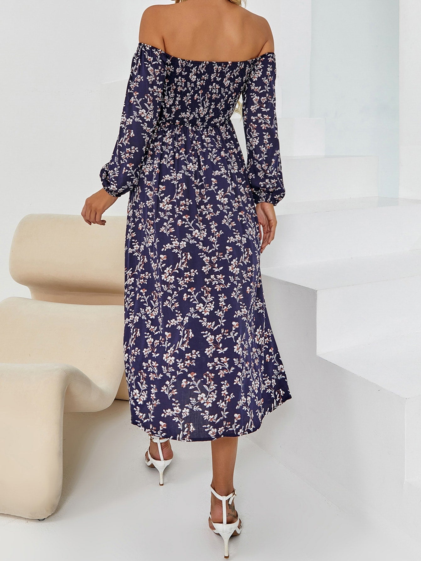 Allover Floral Print Off Shoulder Split Thigh Dress