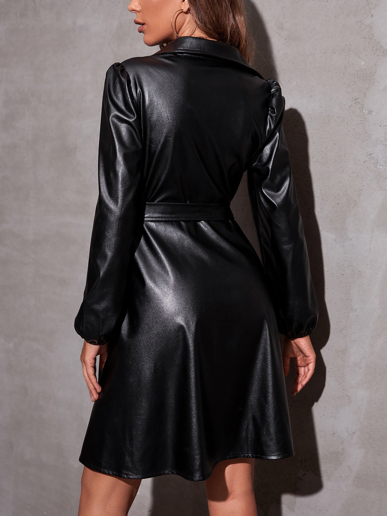 Puff Sleeve Belted PU Leather Shirt Dress