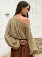 Asymmetrical Neck Cut Out Lantern Sleeve Blouse
