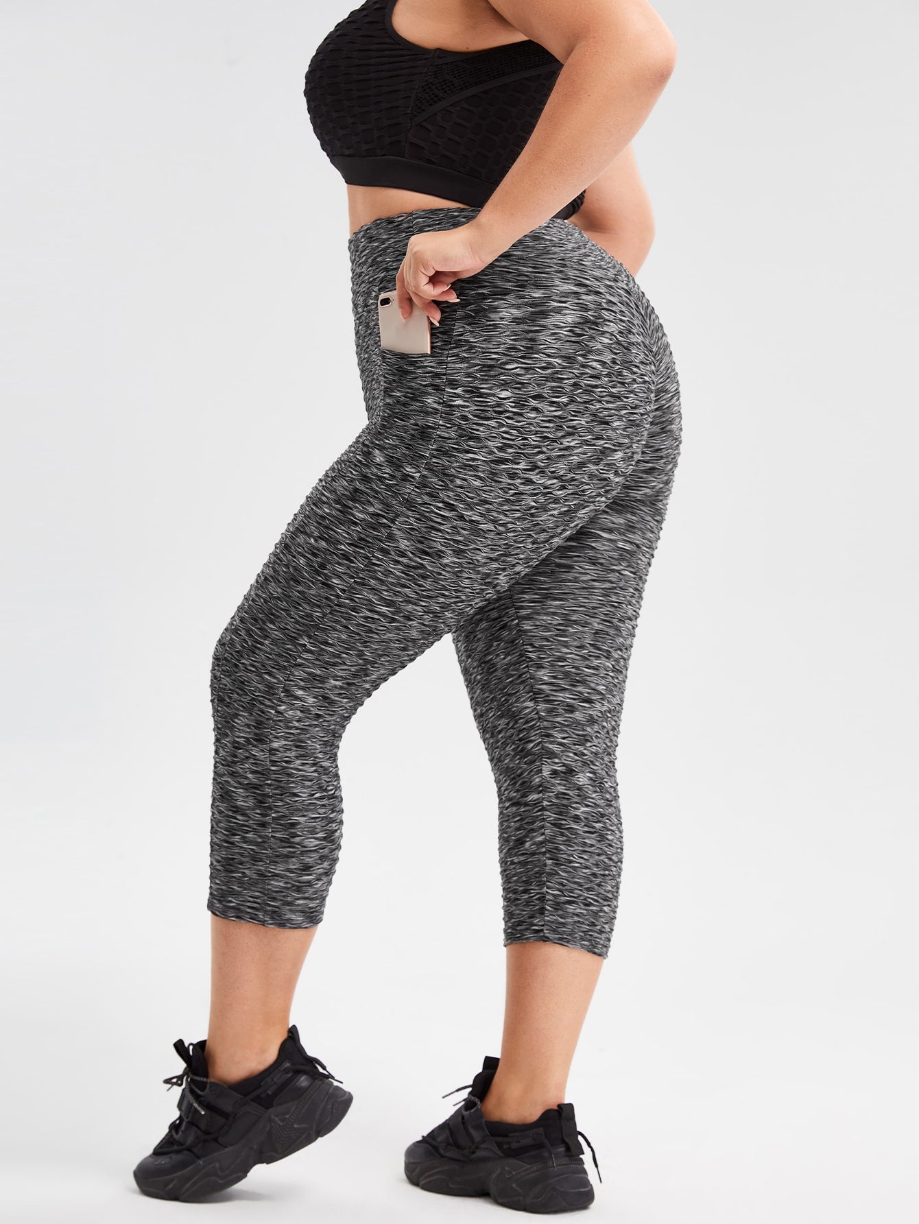 Plus Space Dye Textured Sports Leggings With Phone Pocket