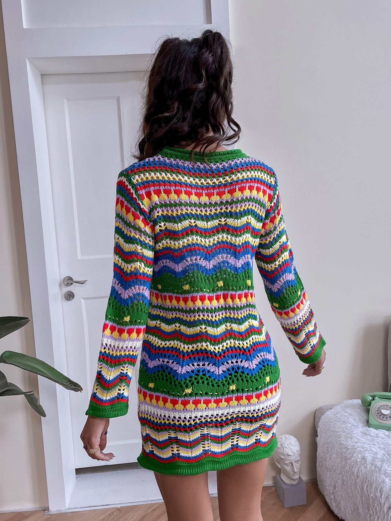 Rainbow Striped Open Knit Sweater Dress