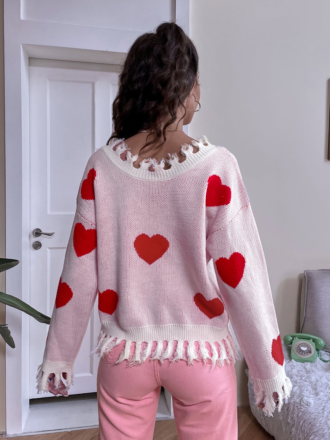 Heart Pattern Drop Shoulder Raw Hem Sweater