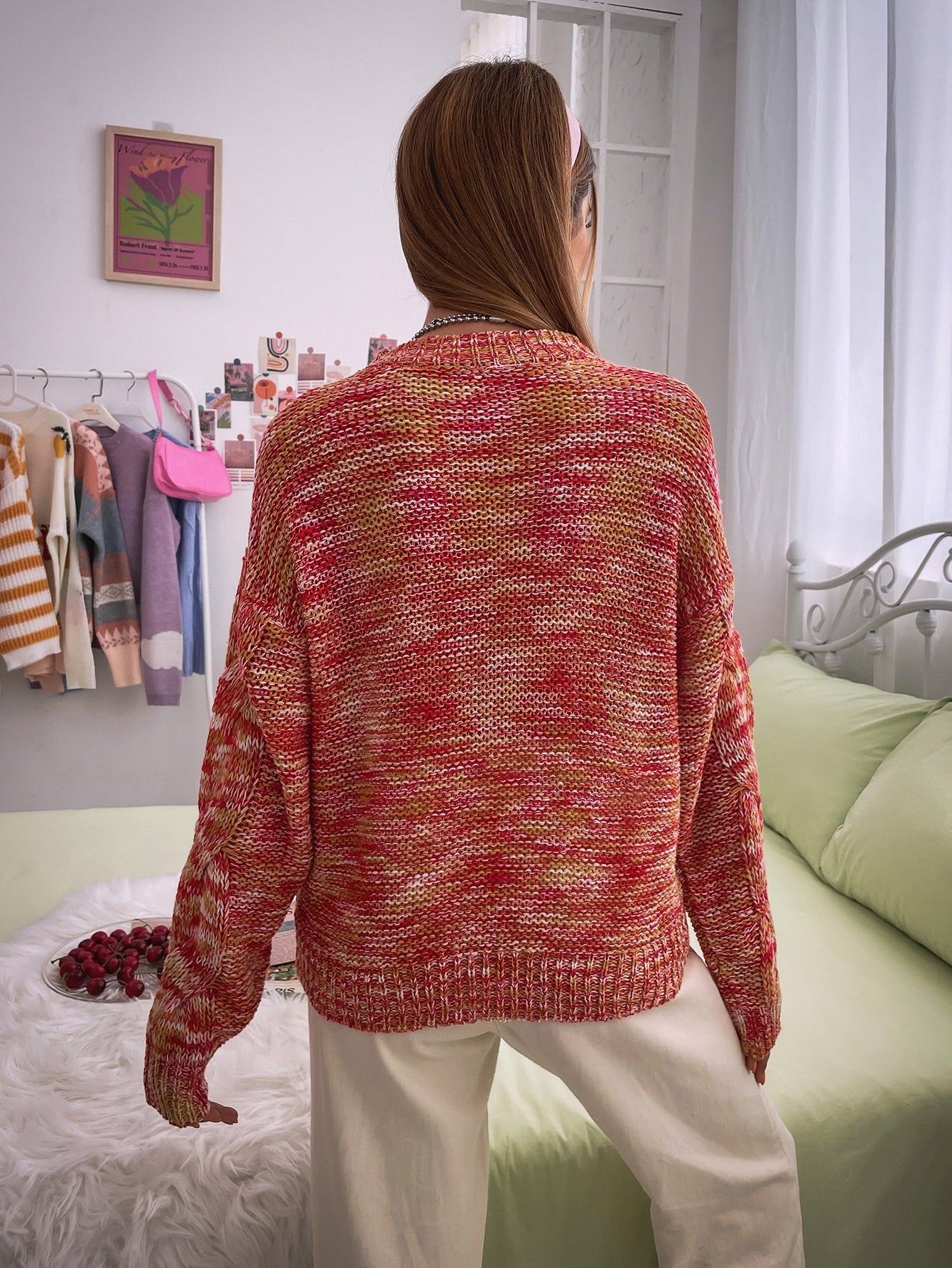 Space Dye Pattern Drop Shoulder Cable Knit Sweater