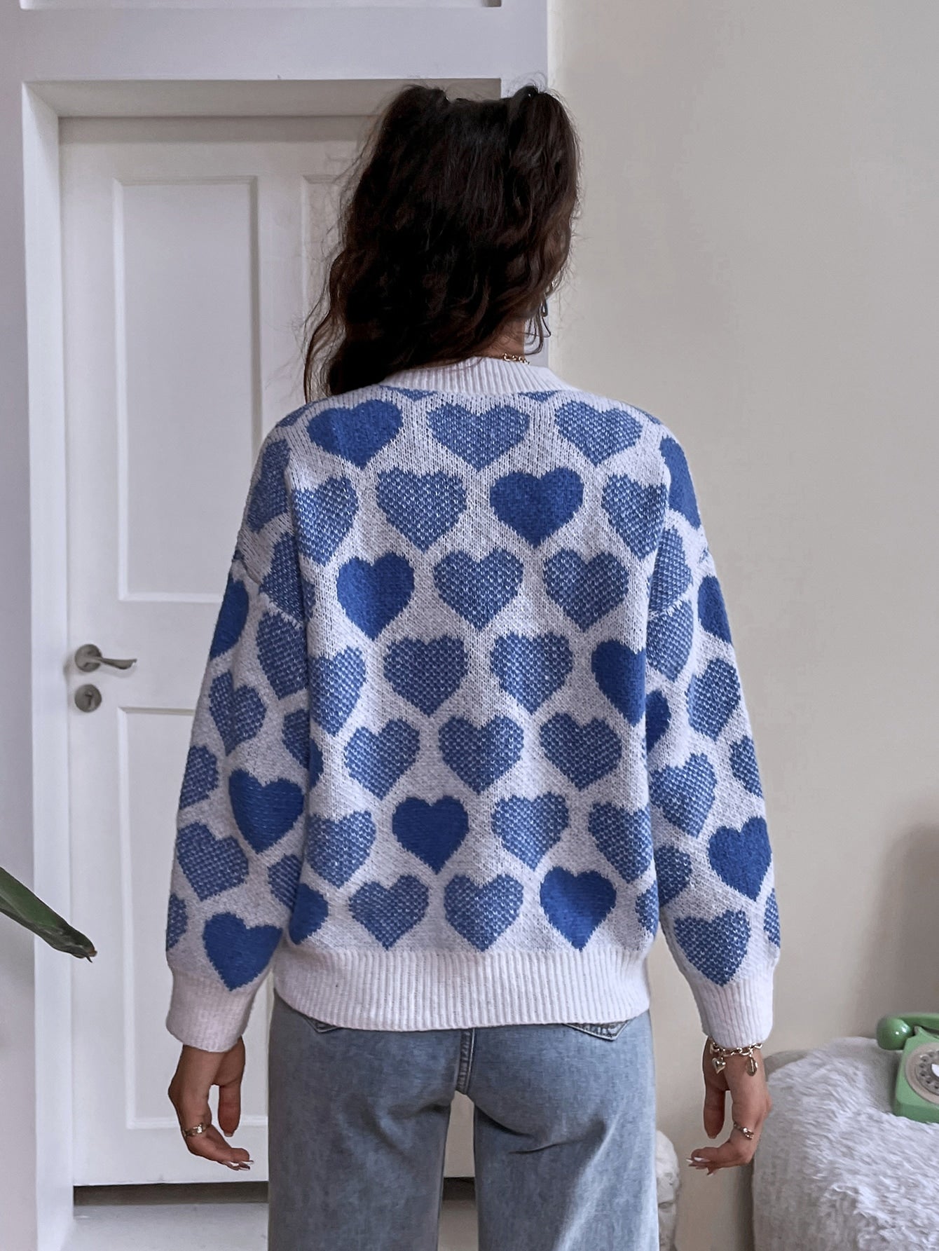 Allover Heart Pattern Drop Shoulder Sweater