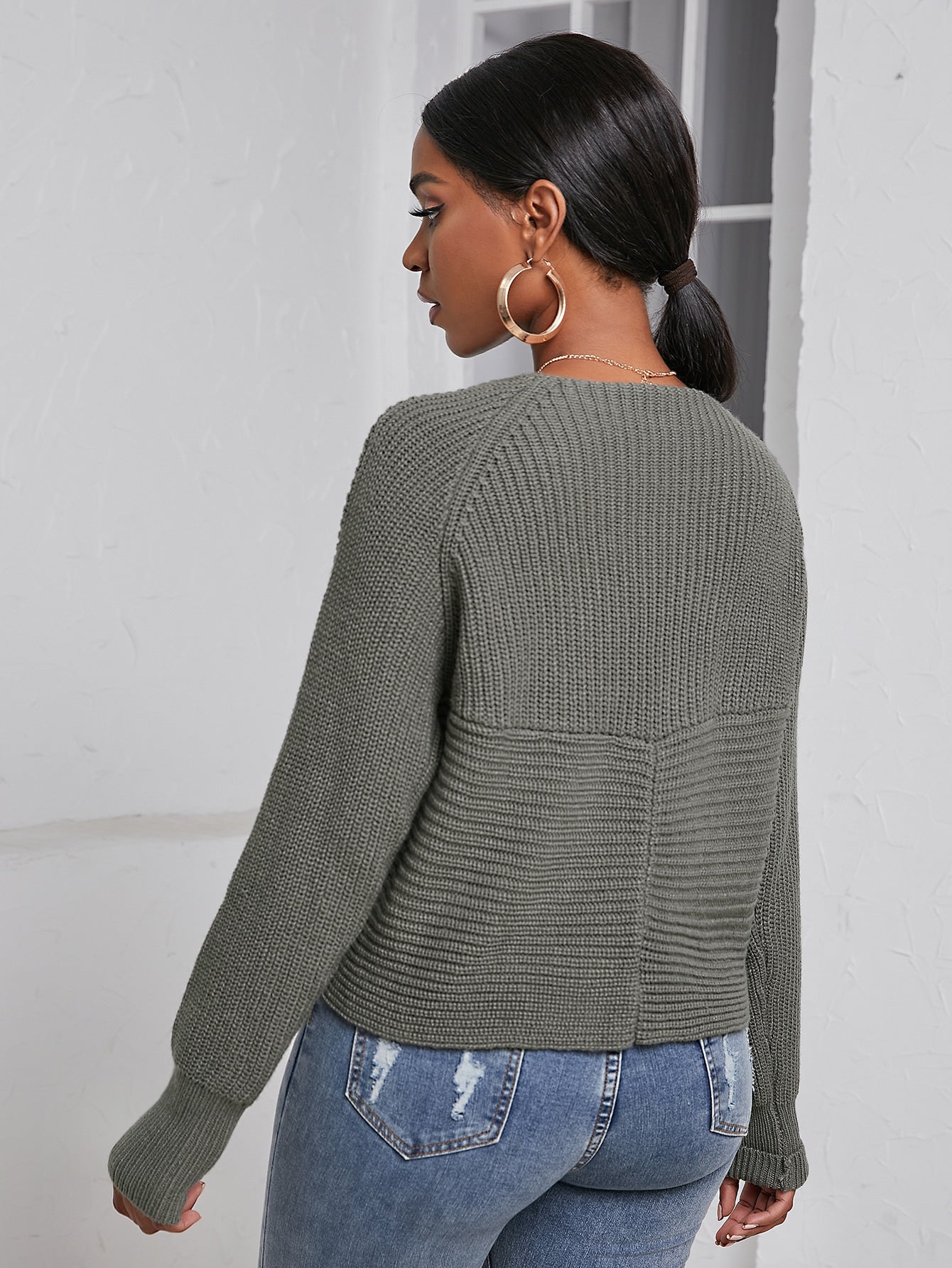 Solid V Neck Cross Wrap Drop Shoulder Sweater