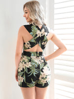 Crisscross Tie Front Floral Print Romper