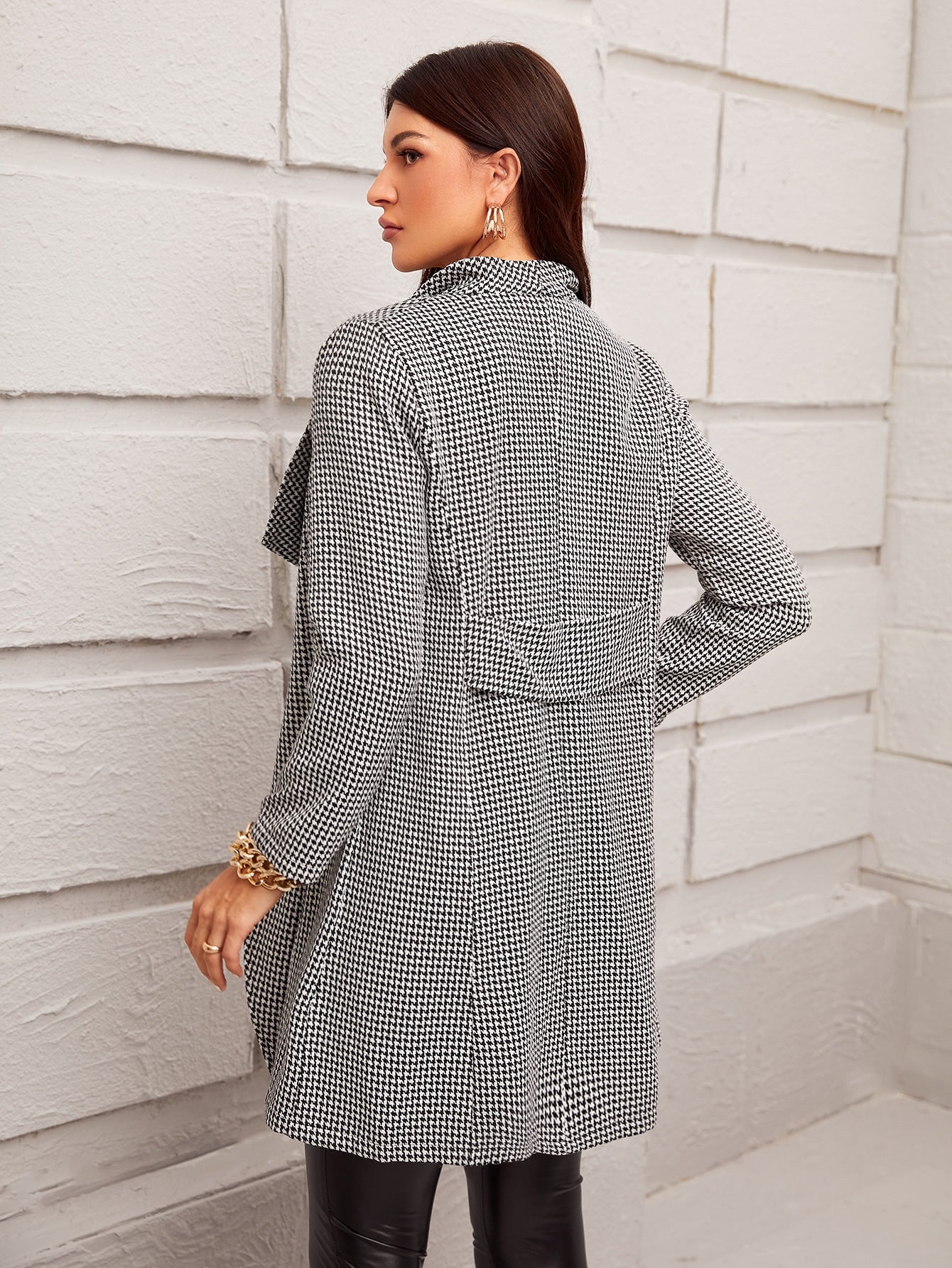 Houndstooth Print Waterfall Collar Coat Without Belt