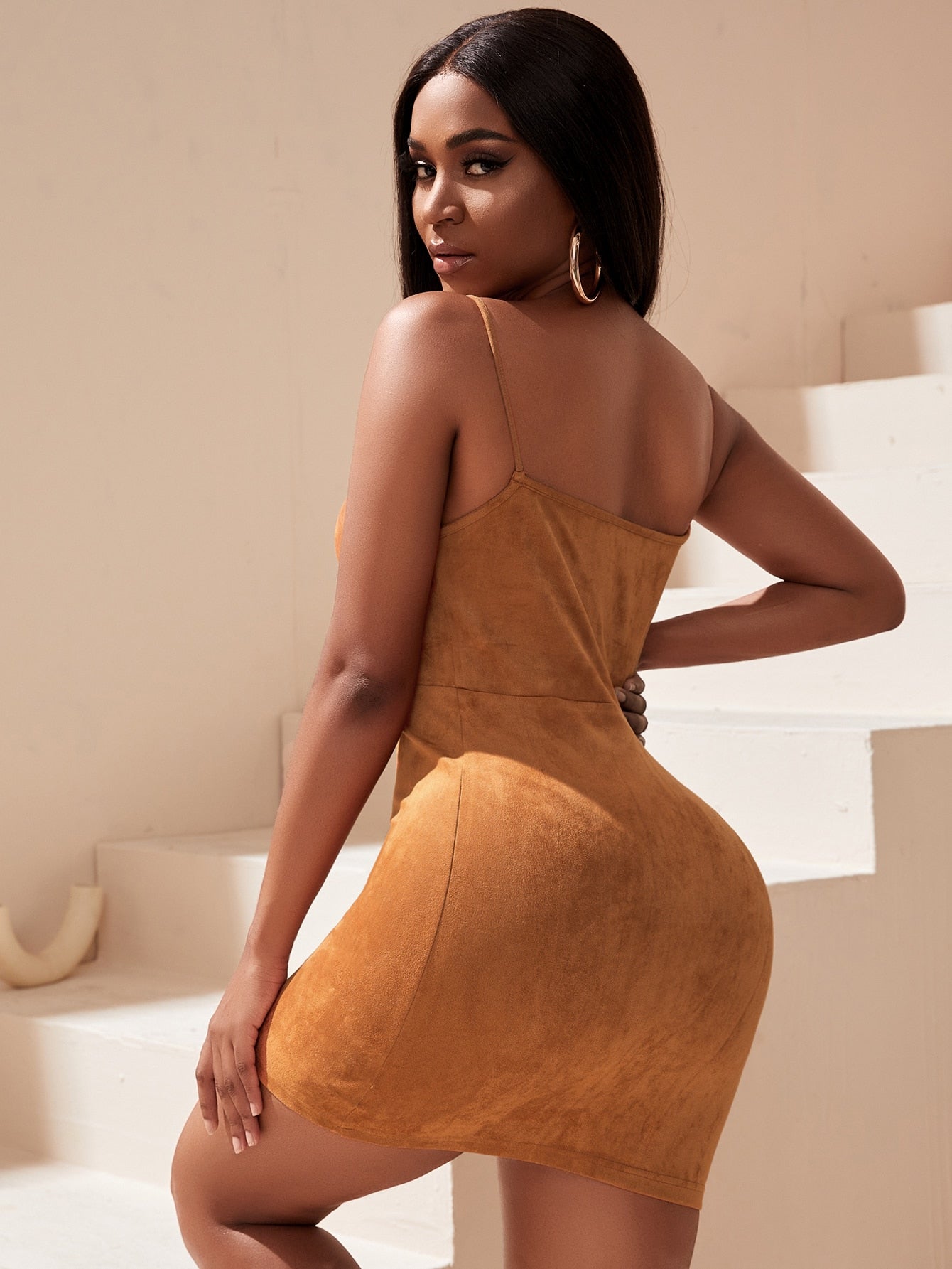 Plunging Neck Suede Bodycon Dress