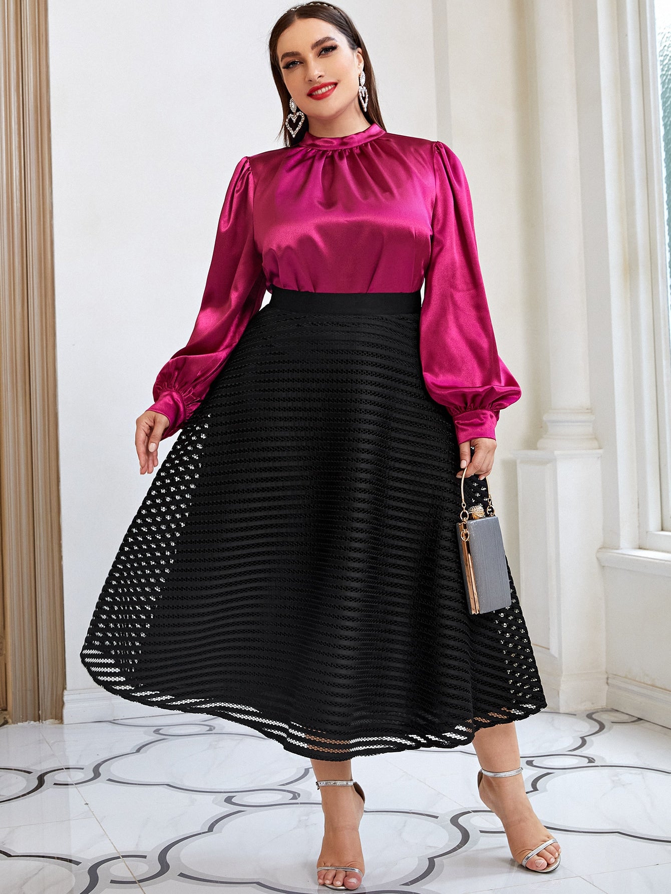 Plus High Waist Guipure Lace Insert Flare Skirt