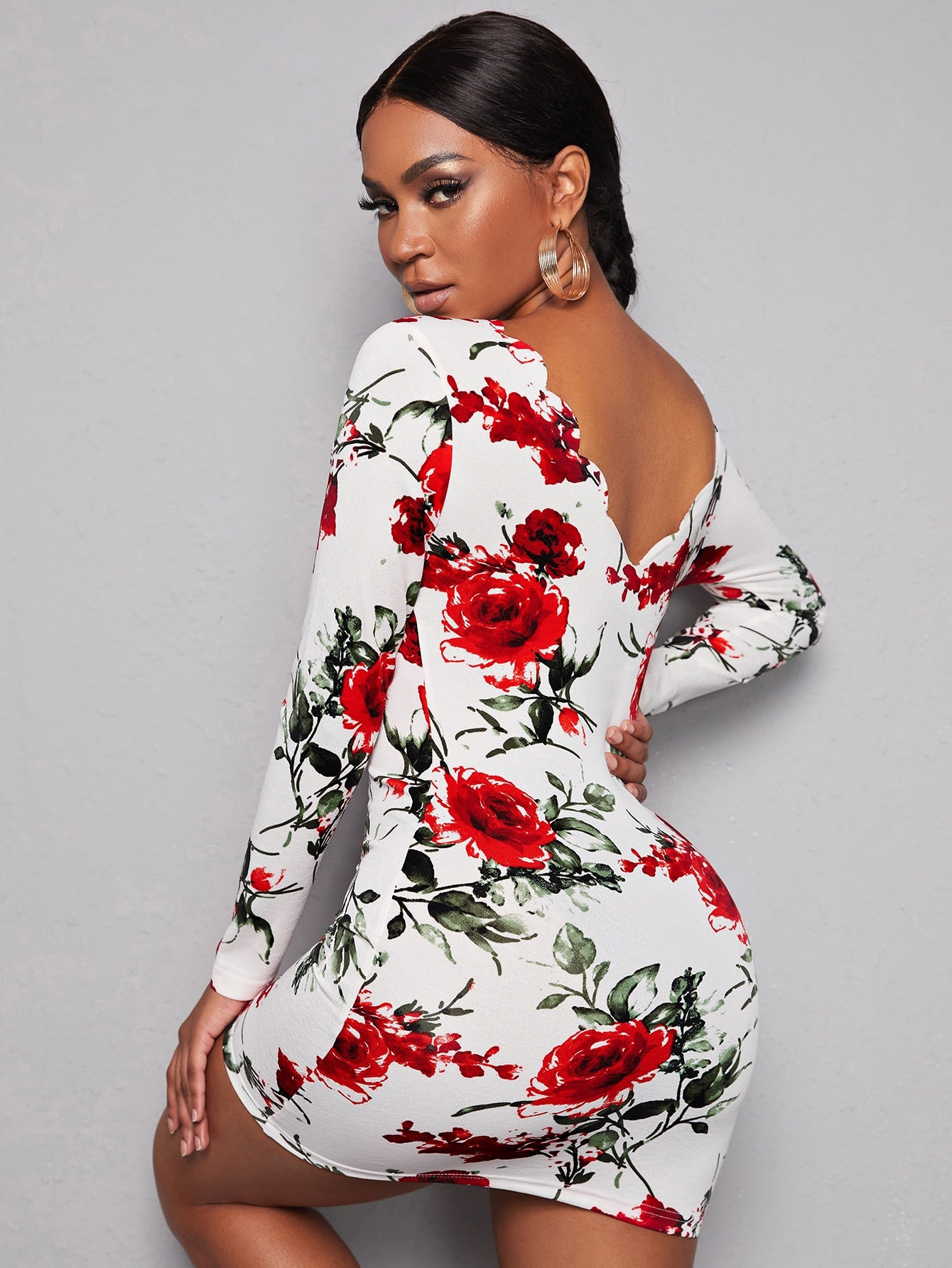 Floral Print Scallop Trim Bodycon Dress