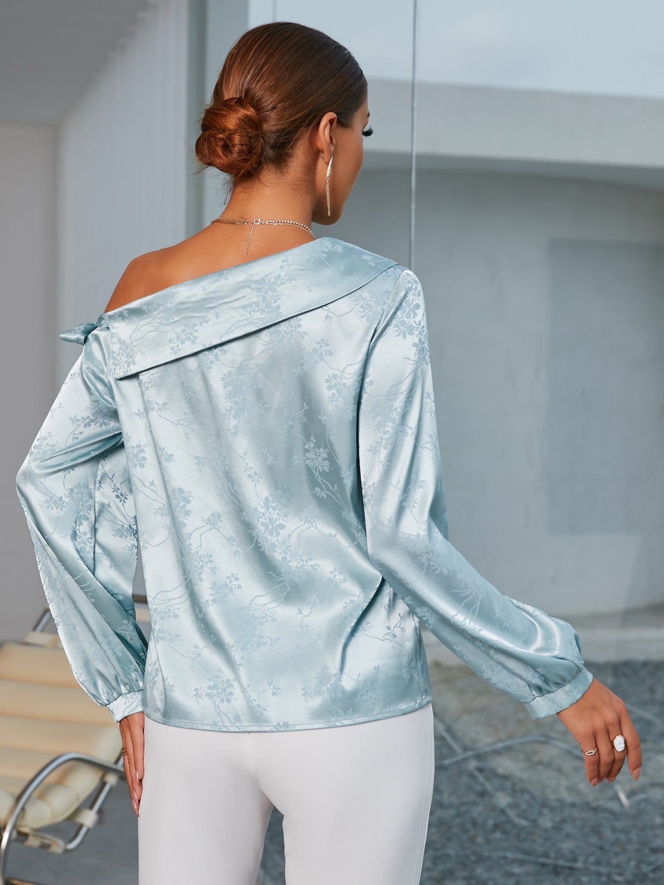 Jacquard Asymmetrical Neck Satin Blouse