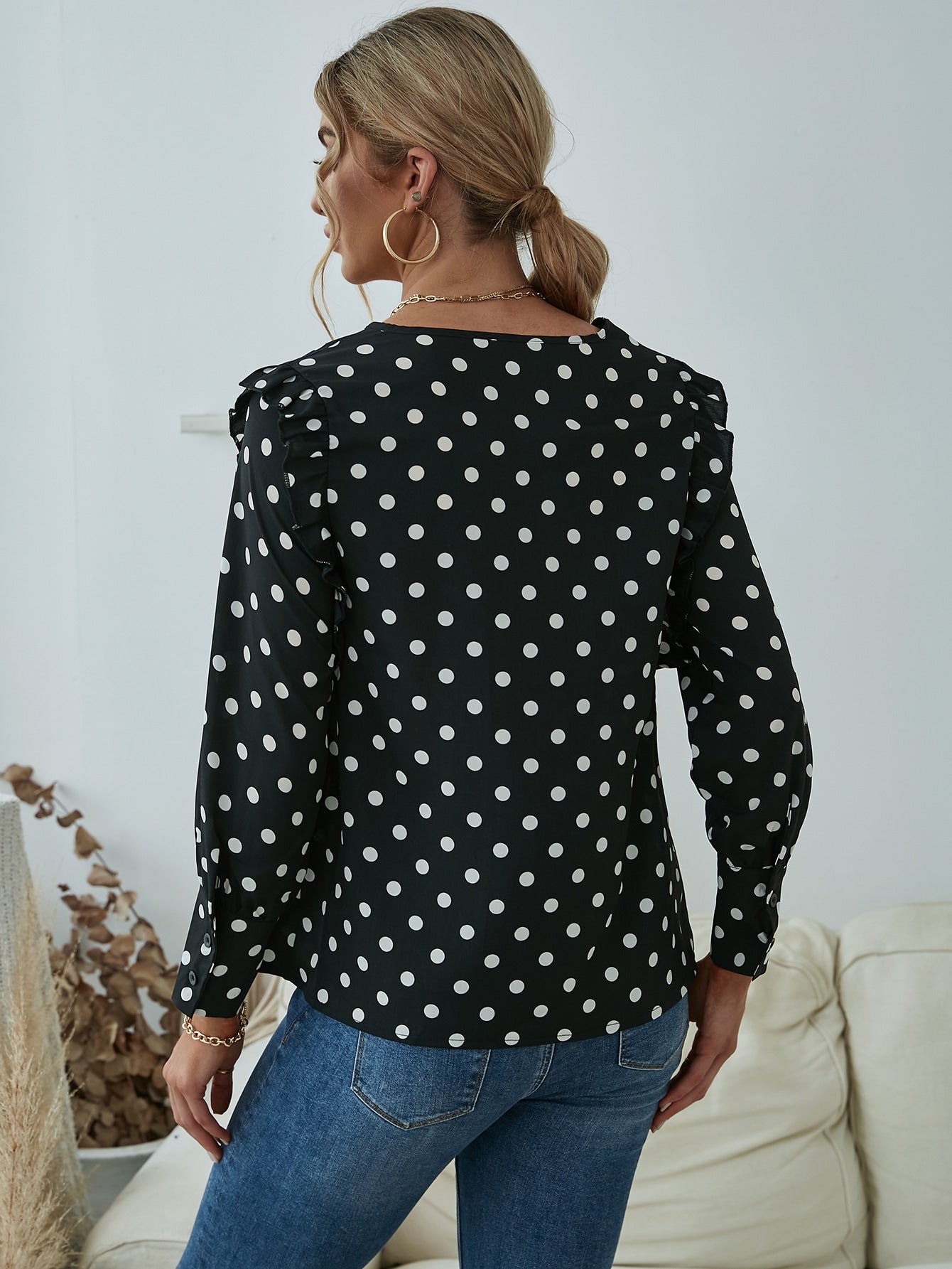 Polka Dot Print Frill Trim Crew Neck Blouse